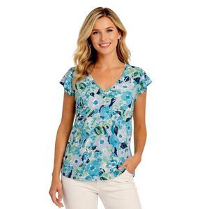 Loft Top Size Large Blue Floral Short Sleeve NWOT